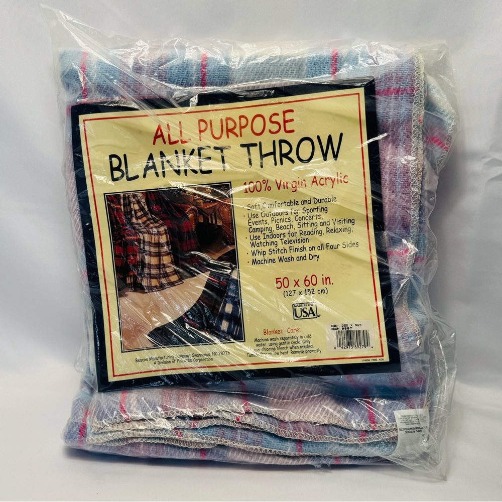 Vintage Beacon All Purpose Virgin Acrylic Blanket Throw Blue Plaid 50" x 60 New